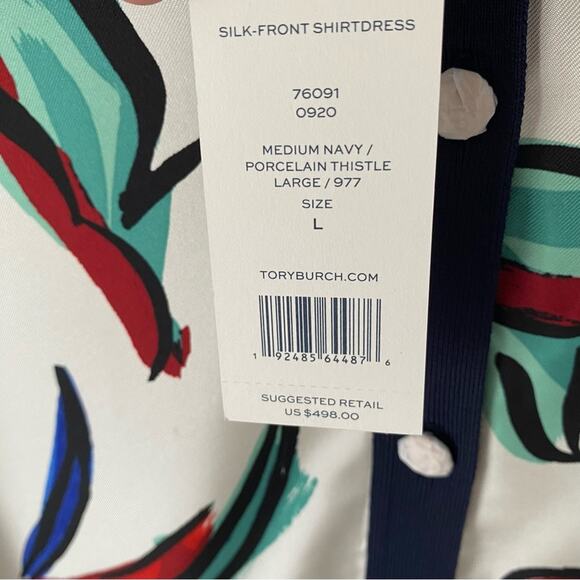 Tory Burch NWTS Silk Front Shirtdress Navy Blue Porcelain Thistle Sweater Back - Picture 9 of 10